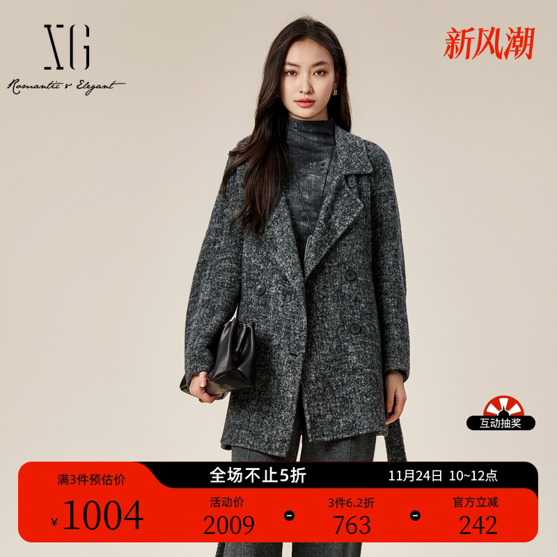 XG雪歌灰色厚款长袖毛呢外套2025冬季新款中长款翻领羊驼毛大衣女