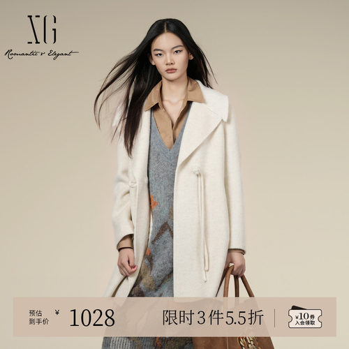XG雪歌厚款米白色骆驼绒大衣2025冬季新款中长款绵羊毛长袖外套女