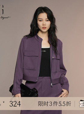 XG雪歌深紫色通勤简约短外套2025秋季新款大口袋设计圆领外套女装
