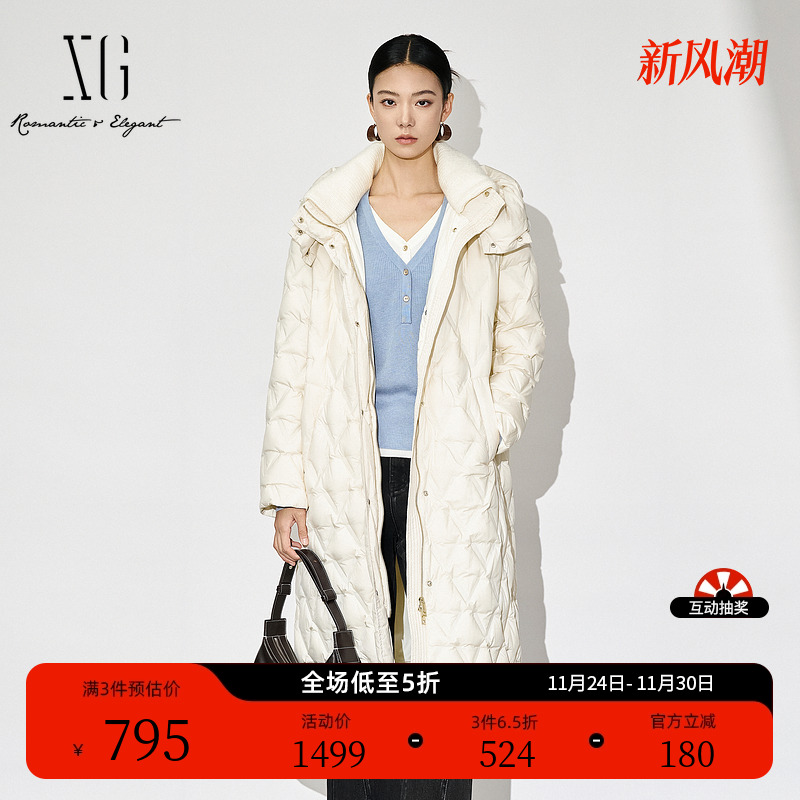 XG雪歌米白色高领鸭绒羽绒服2024冬季新款通勤长款长袖保暖外套女