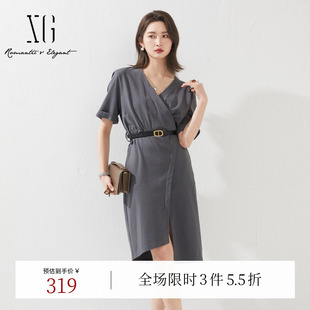 收腰修身 XG雪歌灰色职场轻熟风短袖 新款 连衣裙时尚 气质中裙女 夏季