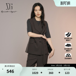 收腰羊毛混纺马甲外套女 新款 XG雪歌棕色复古通勤无袖 马夹2025秋季