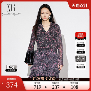 通勤简约短款 XG雪歌V领设计碎花长袖 新款 秋季 蛋糕裙女 连衣裙时尚