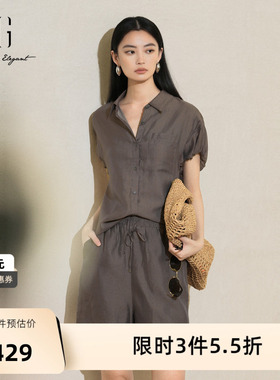 XG雪歌灰色翻领设计短袖套装2025夏季新款抽绳设计两件套套装女装