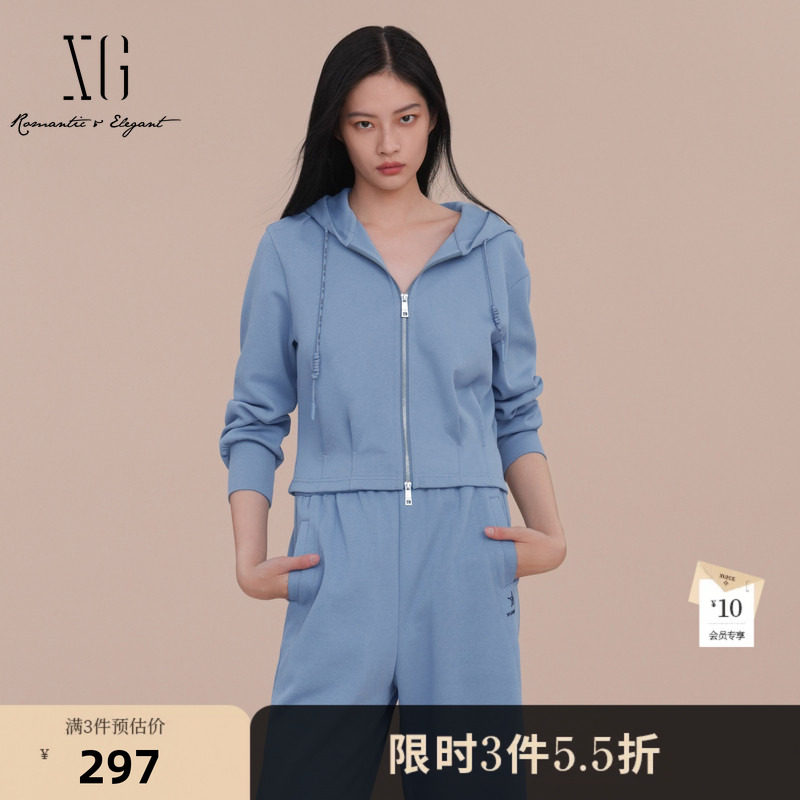 XG雪歌棉感连帽卫衣外套2026春季新款拉链休闲运动蓝色短外套女装