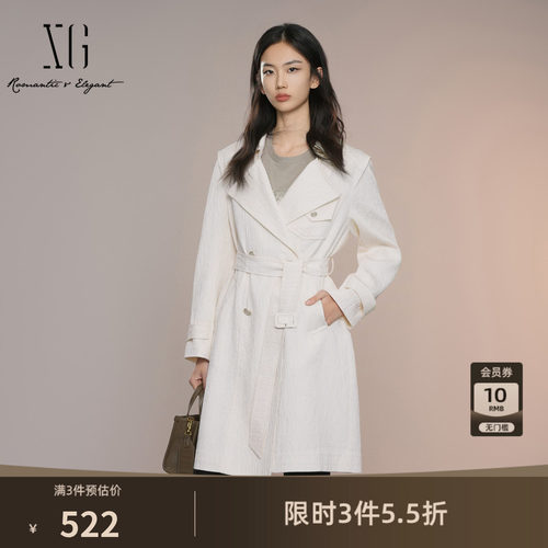 XG雪歌米白色中长款休闲风衣2025秋季新款通勤简约翻领长袖外套女