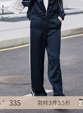 XG雪歌深蓝色宽松运动休闲裤2025春季新款满版印花条纹直筒裤女装