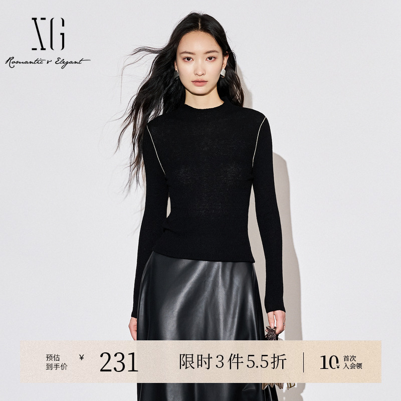 XG雪歌黑色修身设计毛针织衫2025秋季新款拼接设计绵羊毛毛衫女装