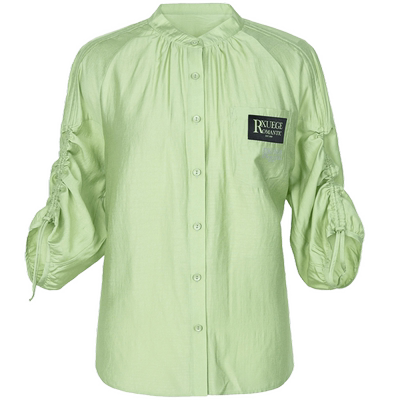 XG雪歌浅绿色通勤五分袖衬衫时尚春季新款抽绳堆堆袖设计上衣女装