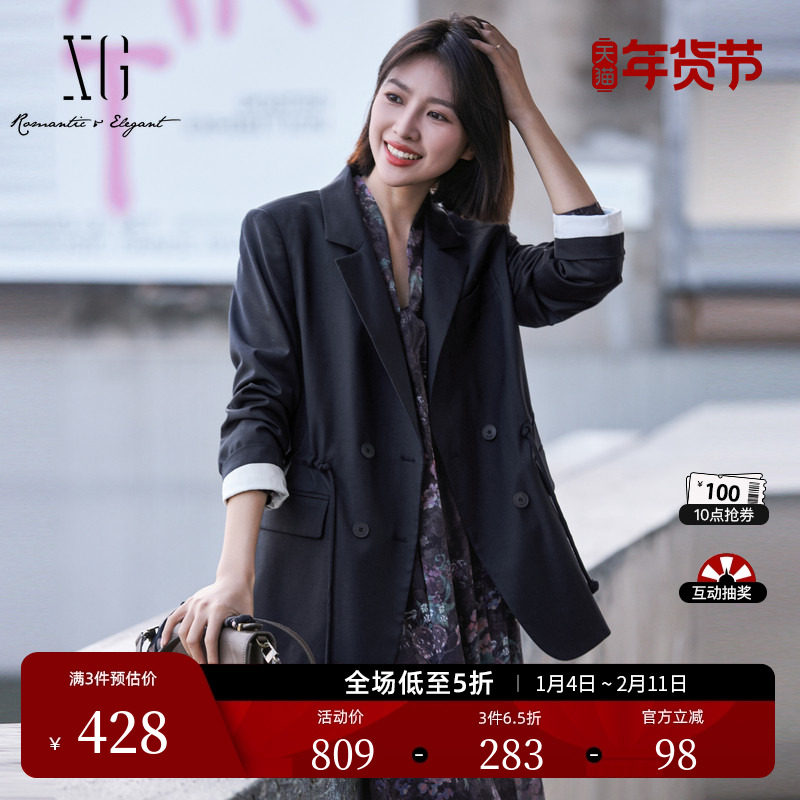 XG雪歌黑色通勤长袖休闲西装2025春季新款抽绳收腰设计翻领外套女,女装/女士精品,西装,淘宝优惠券,粉丝福利购,淘宝优惠卷