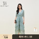 松 新款 紧收腰蛋糕伞裙女 连衣裙2026夏季 XG雪歌湖水绿亮丝V领短袖