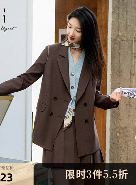 XG雪歌咖啡色双排扣休闲西装2025秋季新款中长款通勤长袖外套女装