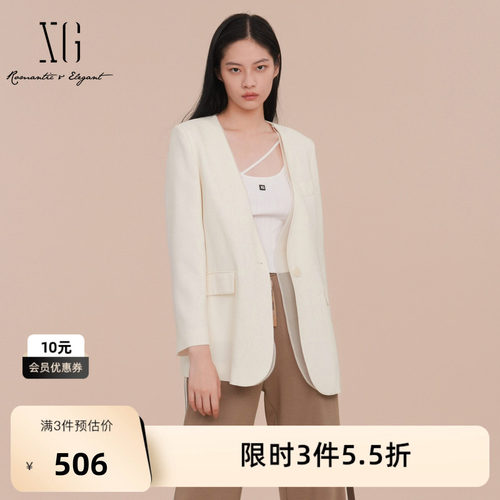 XG雪歌纯醋纤V领西装2026春季新款 网纱拼接白色职场长袖外套女装