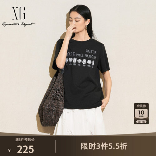 XG雪歌字母印花黑色T恤2025夏季新款休闲圆领 套头短袖修身上衣女