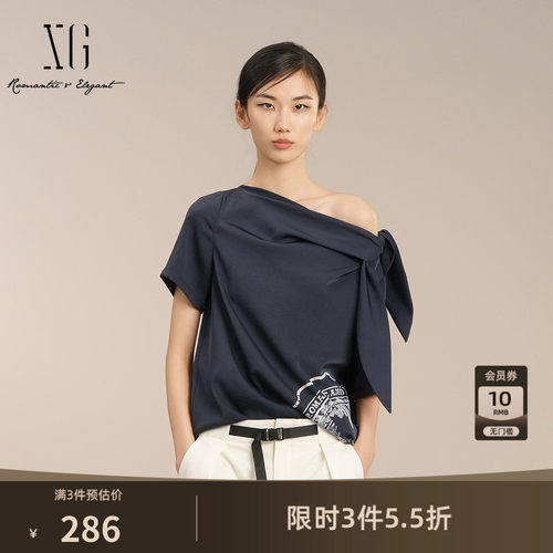 XG雪歌斜领设计短袖通勤衬衫2025夏季新款藏青色设计感绑带上衣女