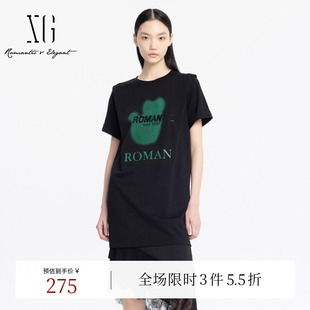 连衣裙 夏季 XG雪歌黑色纯棉T恤式 时尚 休闲裙子女 新款 字母亮片短袖