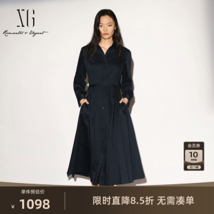 【单件立减】XG雪歌藏青色棉感翻领衬衫长袖连衣裙2026秋季新款女