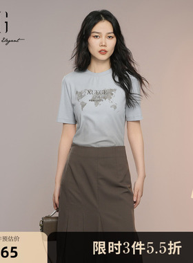 XG雪歌浅蓝色通勤简约短袖T恤2025秋季新款字母印花圆领上衣女装