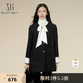 圆领大衣女装 中长款 新款 XG雪歌黑色拼接翻边设计毛呢外套2025冬季