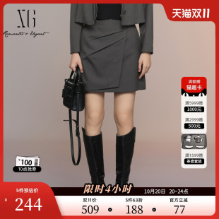 通勤绵羊毛A字短裙女装 XG雪歌深灰色褶皱设计半身裙2025秋季 新款
