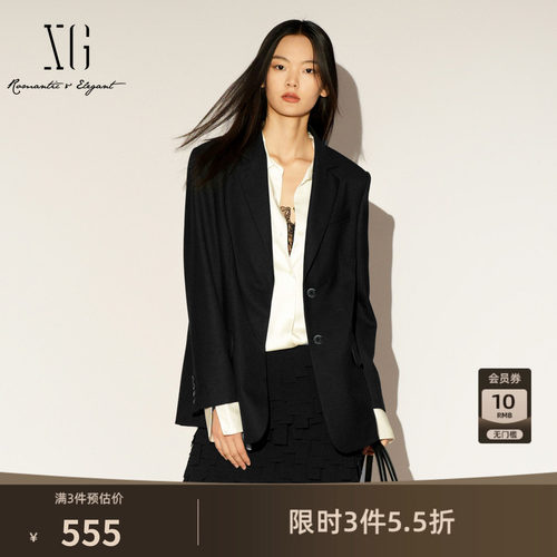 XG雪歌黑色通勤简约休闲西装2026春季新款翻领设计羊毛混纺西装女