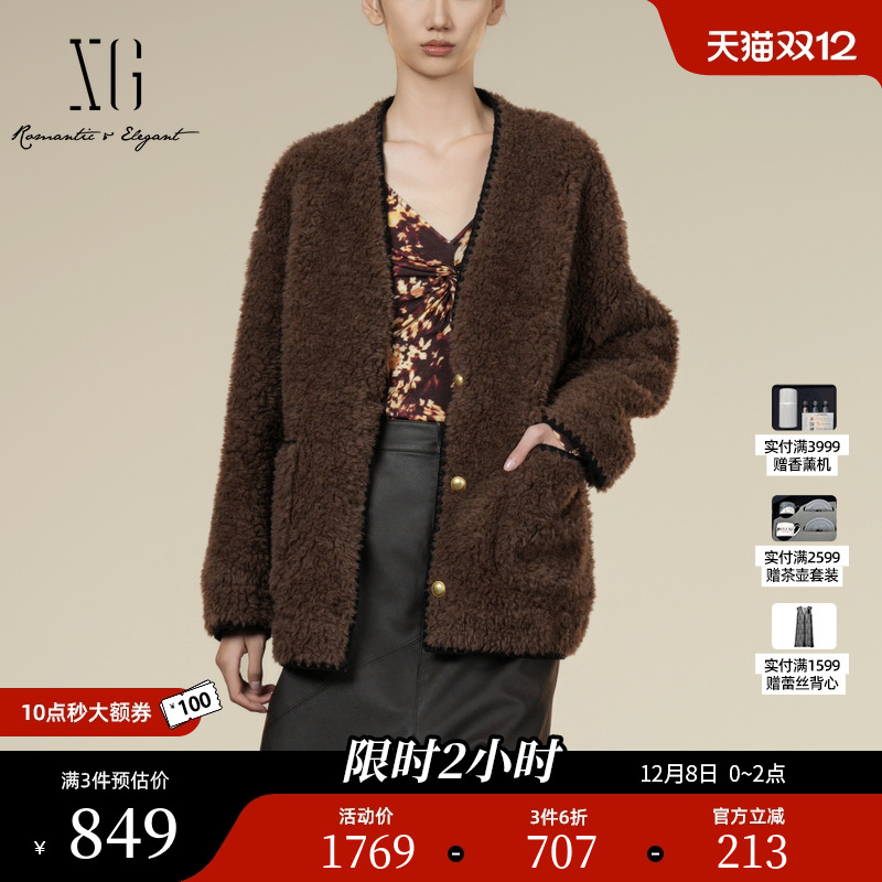 XG雪歌厚款长袖纯绵羊毛外套2025冬季新款深棕色中长羊羔绒大衣女