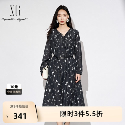 XG雪歌满版印花长袖V领连衣裙2025秋季新款通勤简约碎花中长裙女