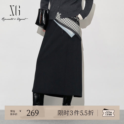 XG雪歌系带收腰中长款半身裙2025冬季新款黑色通勤简约A字裙女装