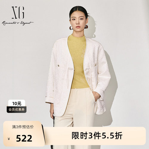 XG雪歌新中式印花长袖V领外套2025秋季新款米白色中长款外套女装