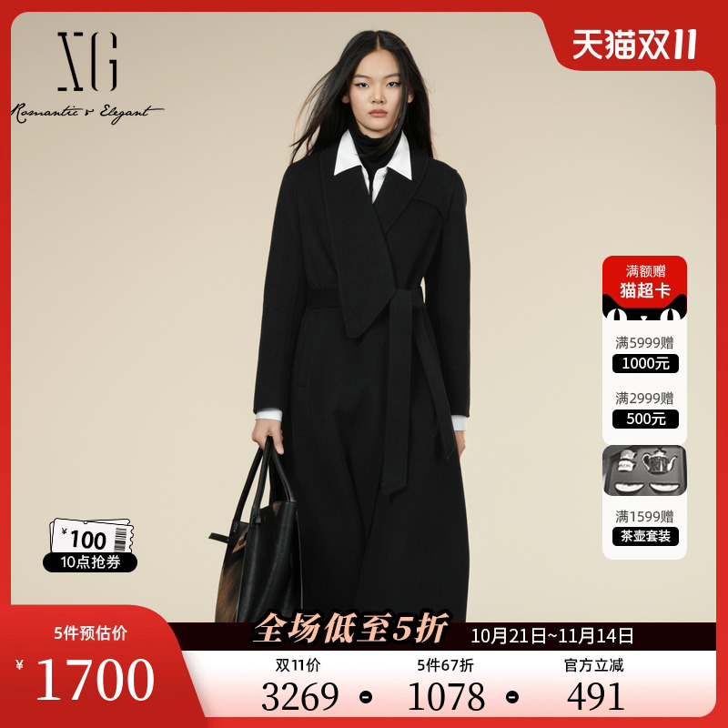XG雪歌长款设计山羊绒毛呢外套2025冬季新款黑色系带绵羊毛大衣女