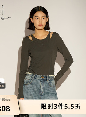 XG雪歌灰色假两件长袖T恤2026春季新款 圆领镂空修身直筒打底女装