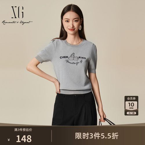 XG雪歌创意绣花设计毛针织衫时尚春季新款灰色修身套头短袖毛衫女