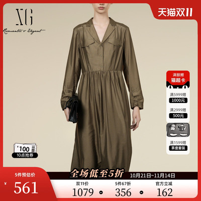 XG雪歌咖啡色高腰长袖连衣裙2025秋季新款翻领设计桑蚕丝中长裙女