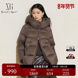 XG雪歌深咖色厚款鹅绒羽绒服2025冬季新款中长款连帽保暖外套女装