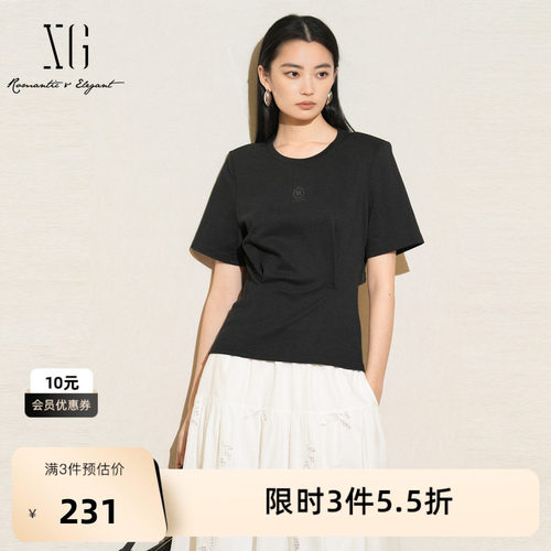 XG雪歌创意拼接设计黑色短袖T恤2025夏季新款通勤莱赛尔上衣女装