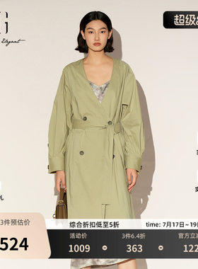 XG雪歌棉感无领双排扣风衣2026春季新款 灰绿V领腰带中长外套女装