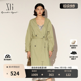 XG雪歌棉感无领双排扣风衣2026春季新款 灰绿V领腰带中长外套女装