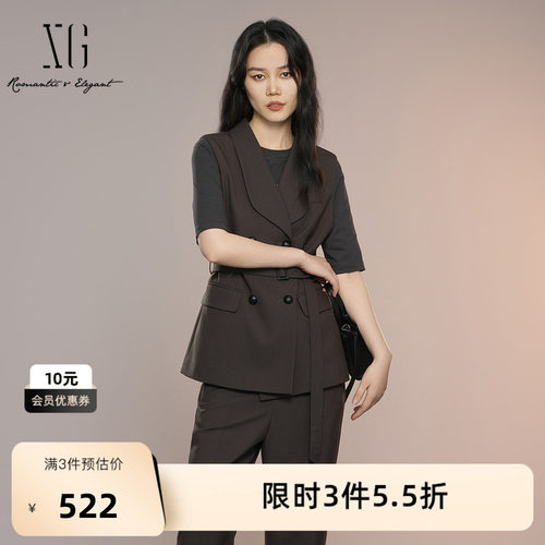 XG雪歌棕色复古通勤无袖马夹2025秋季新款收腰羊毛混纺马甲外套女