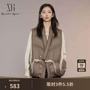 XG雪歌国风盘扣设计羽绒马甲2025秋季新款军绿色中长款马夹外套女