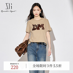 通勤简约莱赛尔上衣女 新款 XG雪歌深咖色字母印花短袖 T恤2025秋季