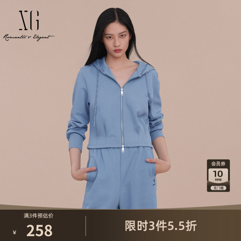 XG雪歌棉感连帽卫衣外套2026春季新款拉链休闲运动蓝色短外套女装