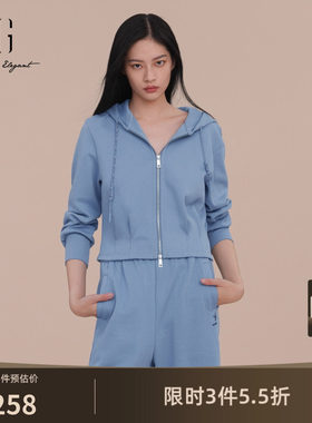 XG雪歌棉感连帽卫衣外套2026春季新款拉链休闲运动蓝色短外套女装