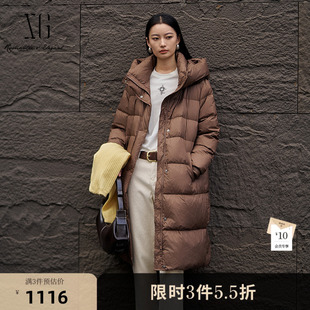 XG雪歌深咖色长款鹅绒羽绒服2025冬季新款通勤加厚长袖保暖外套女