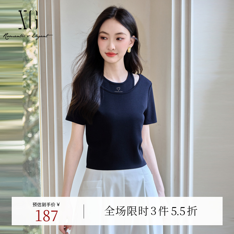 XG雪歌黑色假两件钉珠毛针织衫时尚夏季新款修身薄款短袖上衣女装