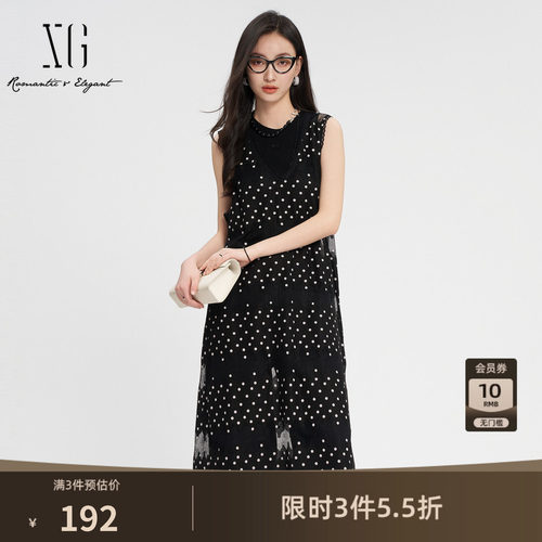 XG雪歌黑色圆点淑女风无袖连衣裙时尚夏季新款网纱背心中长裙女装