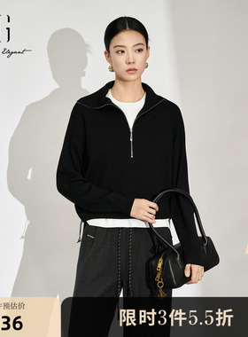 XG雪歌黑色拉链翻领长袖毛针织衫2025秋季新款短款直筒宽松毛衫女