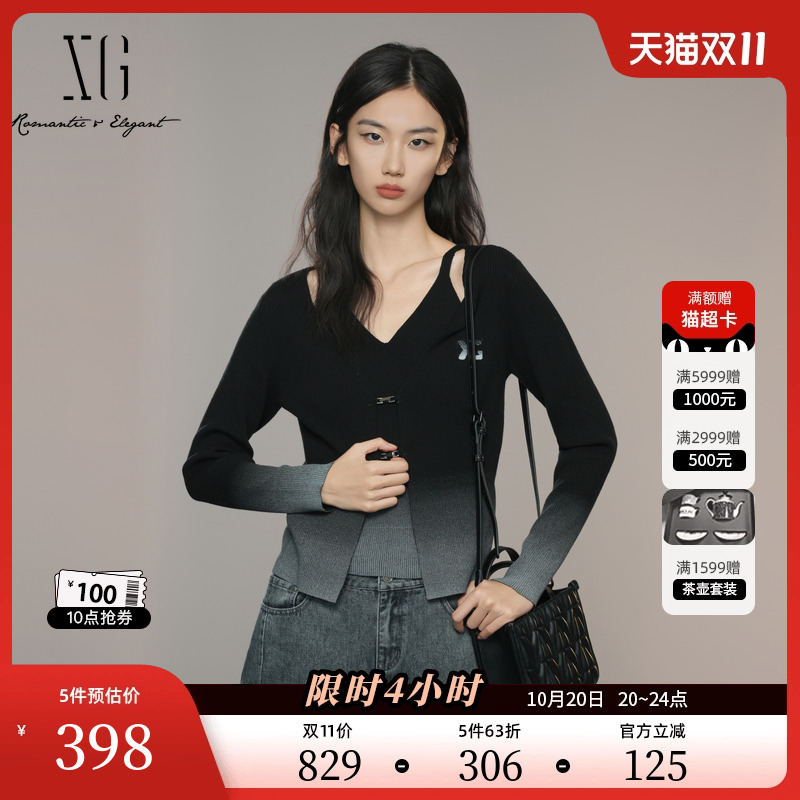 XG雪歌渐变设计长袖毛针织衫2025秋季新款设计感黑色绵羊毛毛衫女