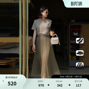 灰绿色网纱衬衫 新款 中长裙女 圆领连衣裙2025夏季 XG雪歌两件套短袖