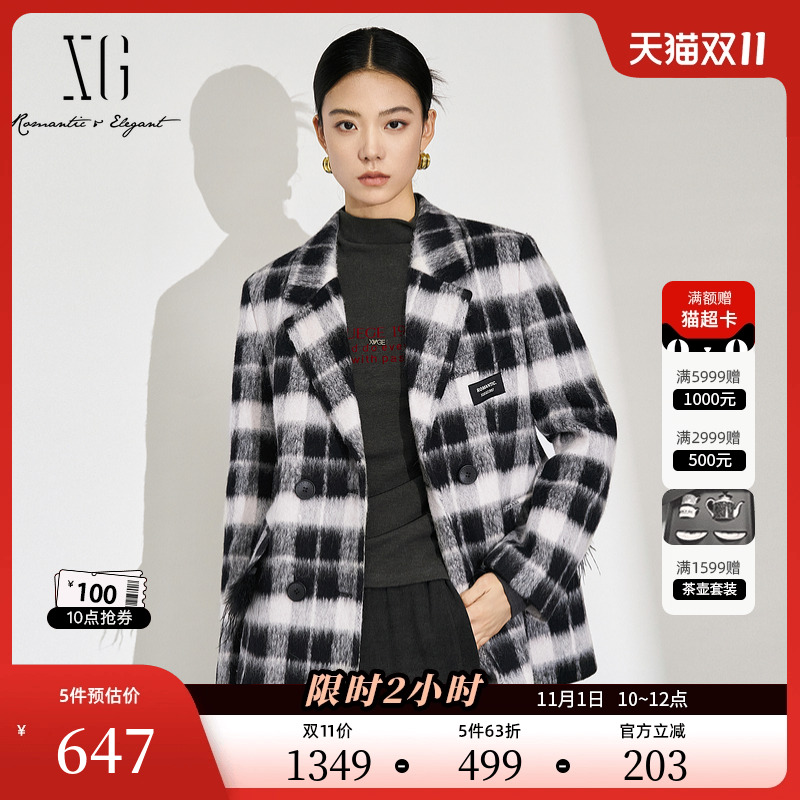 XG雪歌复古黑白格纹毛呢外套2024冬季新款通勤中长款绵羊毛大衣女