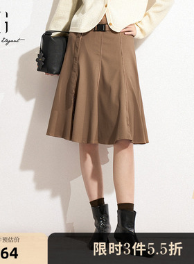 XG雪歌复古卡其色高腰半身裙2025春季新款通勤简约中长A字裙女装